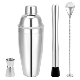 QWORK 24oz Cocktail Shaker Set, Stainless Steel Martini Shaker with Built-in Strainer, Muddler, Jigger, Mixing Spoon & Recipe Boo, Ideal for Home Bar Enthusiasts