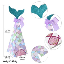 Ipotkitt 20pcs 4 Colors Mermaid Tail Shape Cardboard Boxes Ocean Theme Cone Wrapping Bags with Bow 3D Foldable Boxes for Display Presents Candies Cookies