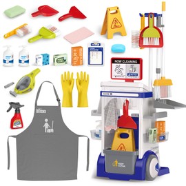 deAO Kids Cleaning Set for Toddler, Pretend Play Housekeeping Toy with Cleaning Carts Includes Real Working Vacuum Cleaner, Broom, Dust and More (Blue)