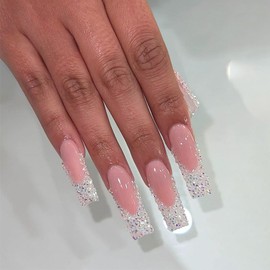 24 Pcs Long Press on Nails Square French Tip Fake Nails Long Pink False Nails Full Cover Acrylic Nails White Nails Tip Charm Rhinestone Luxury Artificial Nails Stick on Nails for Women Girls Manicure