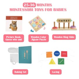 LEADER JOY Montessori Toys for1 Year Old，25-36 Months, 5 in 1 Learning Educational Set Wooden Toys (includes Guess who I am,Lacing, Baking Set, Land and sky two-part puzzle board,Ring Slide)