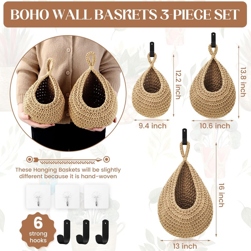Wall Hanging Baskets for Organizing - 3 Pack Hanging Fruit