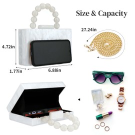 Acrylic Purses Evening Clutch Bag Marbling Handbags for Women Cross Body Bag with Pearl Chain Formal Wedding Prom Party (White)