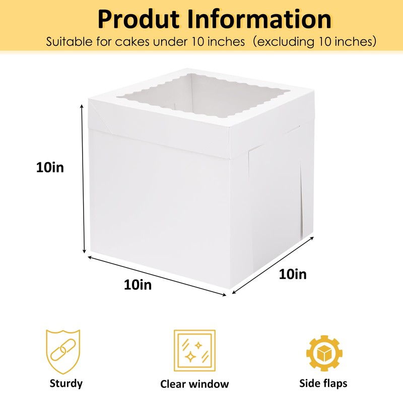 Moretoes 16pcs Cake Boxes, 10x10x10 Inches Tall White Square Bakery