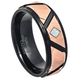 Black & Rose Gold IP Tungsten Carbide Wedding Band with 0.07ctw Round Cut Aquamarine Tungsten Ring - Comfort Fit Tungsten Anniversary Ring - RG Bezel