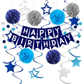 Navy Blue and Silver Birthday Decorations, Happy Birthday Banner with Paper Tissue Flowers, Stars Hanging Swirl Streamers, Circle Dots Garland,Party Decorations for Men Boys
