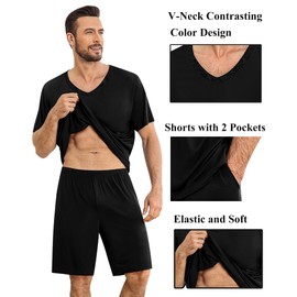 SWOMOG Mens Pajama Sets 2PCS Short Sleeve Pjs Sets V Neck Sleepwear Soft Loungewear Classic Nightshirt Sets with Pockets Nightwear Carbon Black