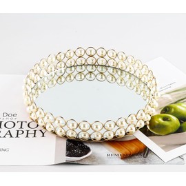 25cm Round Metal Mirror Perfume Tray for Bathroom Makeup Vanity Jewelry Cosmetics Storage Trays Mirror Pearl Fruit Display Tray