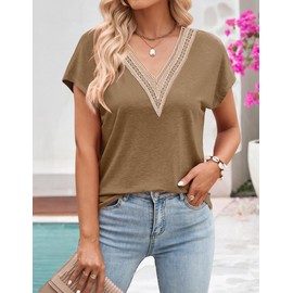 MEROKEETY Women's Casual Cap Sleeve Lace Trim V Neck Tops 2025 Summer Loose Tee Shirts Blouse, Khaki, Medium
