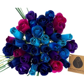 The Original Wooden Rose Deluxe Dark Waters Themed Bouquet. Featuring Closed and Half Open Bud Roses (3 Dozen)