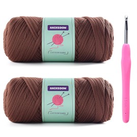 2 Skeins Tshirt Yarn for Crochet,Soft T Shirt Yarn for Crocheting Bag/Basket/Home Decor,Trapillo para Tejer a Crochet Bolsas with 1 Crochet Hook,Each Ribbon Yarn 7oz, 65yds(Coffee Color)