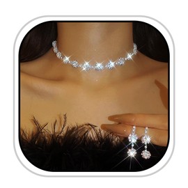 JEAIRTS Rhinestone Choker Necklace Earrings Sets Silver Bridal Wedding Jewelry Sparkly Prom Jewelry for Women