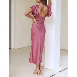 Summer Satin Flutter Sleeve Wedding Guest Dresses for Women Sweetheart Neckline Cutout Tie Back Midi Cocktail Dress Plum