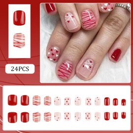 RUPOFUZA Press on Nails Square Short Fake Nails Red False Nails with Heart and Line Design Nails Full Cover Stick on Nails Acrylic Artificial Nails Extra Short Glue on Nails for Women 24Pcs