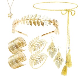 TUBAWD 9PCS Greek Costume, Greek Costume Girls, Greek Goddess Accessories with Complete Leaf Crown Pearl Necklace & Arm Cuffs Earrings Set for Women Wedding