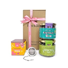 TRESSO Kit con Té Verde Japonés Puro Sencha 100g, Tisana Herbal Just Relax 50g, Tisana Herbal Leche de Luna Golden Milk 100g, Infusor para té clásico de acero inoxidable. Set de 4 Unidades