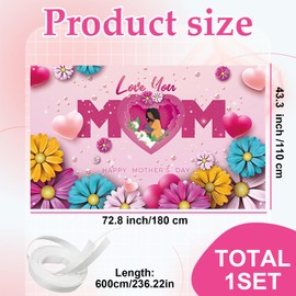 Happy Mother's Day Banner - Flower background with "Mom" pattern, 180 x 110 cm, pink, blue and yellow, durable fabric, easy to hang and reuse