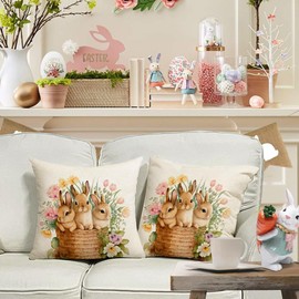 ARGOOFG Easter Bunny Pink Tulip Throw Pillow Covers,18x18 Inch Easter Bunny Spring Outdoor Farmhouse Cushion Case Decorations for Sofa Couch Set of 2