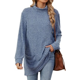 Flikity Jumpers for Women UK Plus Size, Turtleneck Jumper Women Long Sleeve Tops Ladies Clothes Womens Tunic Tops to Wear with Leggings Sweaters for Women UK Blue XL