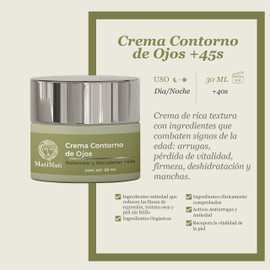 Crema Contorno De Ojos +45años MatiMati Ácido Hialurónico, Pantenol, Hemiescualano, Elastina, Escualano, Alantoína, Vitamina E, Aloe Vera Antiarrugas, Antioxidante,Hidratante 20 ml