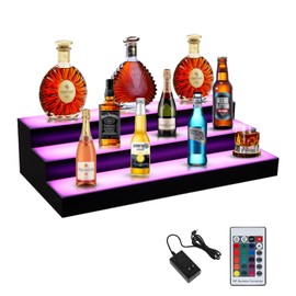 Dollate 3 Tiers 16 Inch LED Lighted Liquor Bottle Display, LED Tabletop Wine Shelves with RF Remote Control, Adjustable Lighting & Colors Liquor Storage Rack for Home Bar