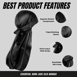 Essential Aura New Premium Luxe Silky Durags for Men/Long Straps/Long Tail/Durag for Women/Silky Liner/Wave Cap (1pck) Black