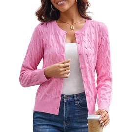 GRACE KARIN Pink Cardigan for Women Long Sleeve Cable Knit Cardigan Crewneck Button Down Sweater Jacket Knitwear Pink Small