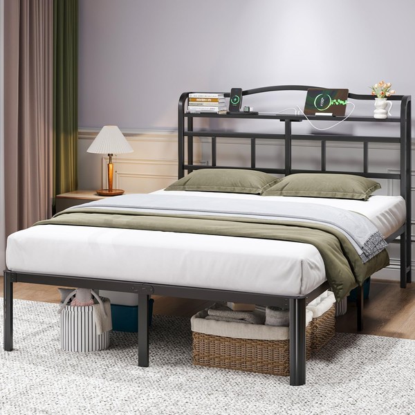 HAVONIZD Full Size Bed Frame - Storage Headboard with Charging