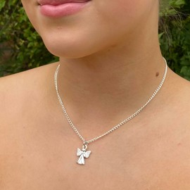 Angel Charm Necklace, Spiritual Silver Tone Charm Pendant on 16 Inch Silver Plated Curb Chain, Pretty Gift for Women, Angel Wings Gift