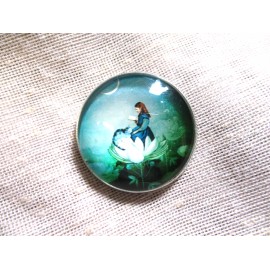 WONDERFUL GLASS DOME PIC BUTTON GIRL READING TO HER CAT SITTING ON TOP OF FLOWER