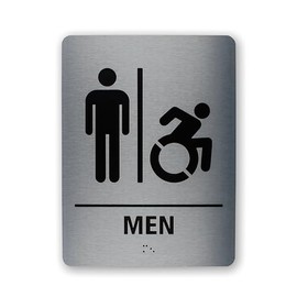 Restroom Sign for Business – Brushed Aluminum ADA Compliant Braille Bathroom Sign with Double Sided Tape for Easy Installation – Heavy Duty – Size 8 x 6 Inch (Men Handicap)