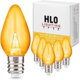 Holiday Lighting Outlet LED Smooth C7 Yellow Replacement Christmas Light Bulbs for E12 Sockets, Energy Efficient Commercial Grade, 2 Diode 0.58 Watt (LED) Bulbs. Pack of 25 Bulbs