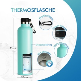 FEIJIAN FJBOTTLE 1000 ml Insulated Stainless Steel Water Bottle with 2 Lids BPA-Free Leak-Proof Sports Bottle Thermos Flask with Carabiner Hook (Light Green)