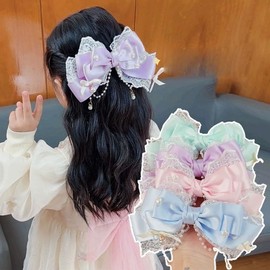 VIISEN Girl's Pearl Hair Pin, Ribbon, Hair Clip, Wedding, Kids, Hair Accessory, Princess, Cute, Birthday Photography, Parties, Stylish, Hair Clip, Gift, School Entrance Ceremonies, Graduation