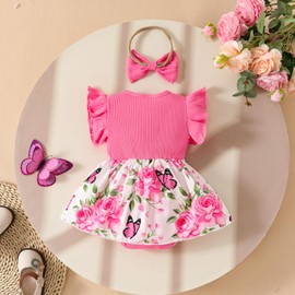 UUAISSO Newborn Baby Girl Clothing Sets Ruffle Short Sleeve Tops Flowers Braces Shorts with Headband Summer Outfits, Dark pink, 6-12 months