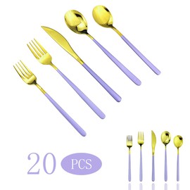 Purple Gold Silverware Set, 20-Piece 304 Stainless Steel Flatware Cutlery Set for 4,Purple Handle Mirror Polished Gold Tableware Set Ideal for Home Kitchen Hotel Restaurant,Include Forks Spoons Knives