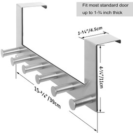 WEBI Over The Door Hook Door Hanger:Over The Door Towel Rack with 6 Peg Hooks for Hanging,Door Coat Hanger Towel Hanger Over Door Coat Rack for Clothes,Back of Bathroom,Silver,2 Packs