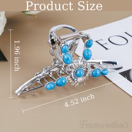 Framendino, 1 Pack Turquoise Blue Hair Claw Clips Western Metal large Clip for Women