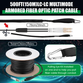 Threlaco 500ft (150 Meters) OM3 Fiber LC to LC Multimode Outdoor Armored Fiber Optic Cable with Pulling Eye Kit Installed on one end 10GB Jumper Duplex 50/125um Low Friction LSZH Optic Cable Cord