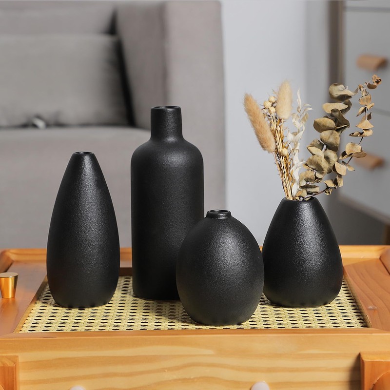 CEMABT Black Ceramic Vase Set - 4 Small Unique Vases