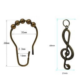 Decorative Music Shower Curtain Hooks for Bathroom, Rustproof Metal Bronze Curtain Rings Set of 12 with Music Symbols Treble Clef Music Party Vintage Theme Decor Bathroom Shower Curtain Rods (Bronze)