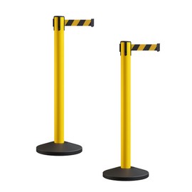 Crowd Control Warehouse CCW Series RBB-150 - Set of 2 Stanchion Retractable Belt Barriers - 16 Foot, Black & Yellow Diagonal Belt with Yellow Post - Easy Assembly