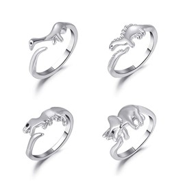 4 Pcs Butterfly Knuckle Stacking Rings Set Knuckle Heart Lightning Dinosaur Adjustable for him and her Couples Friendship Best Friends Matching Promise Love Wedding Jewelry-Silver Dinosaur