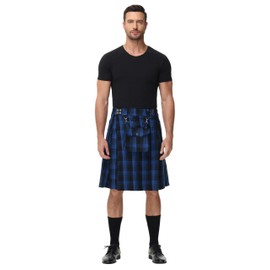 Kilt for Men Scottish Tartan Kilt Celtic Traditional Kilts Black Blue Tartan S