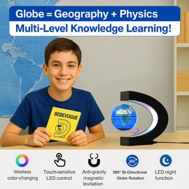 BEBEVOGUE Magnetic Levitating Globe with 7-Color LED Lights, 360° Rotating Floating World Map Lamp, STEM Educational Night Light for Geography Learning, Cool Desk Decor & Unique Gift for Kids & Adults