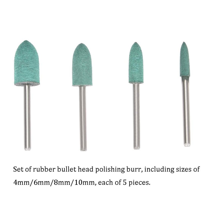 20Pcs Rubber Bullet Head Polishing Burr, 4mm/6mm/8mm/10mm Set, Green Rubber