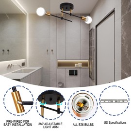 ADFIRAY Modern Sputnik Ceiling Light Fixtures - 360 Adjustable Sputnik Ceiling Light for Bedroom Kitchen Mid Century Modern Light Fixture with E26 Base, Bulbs Not Included(2-Lights Gold+Black)