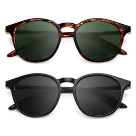 TJUTR 2Pack Retro Round Sunglasses for Womens Mens Vintage Polarised Sun Glasses UV400 Protection for Driving Fishing