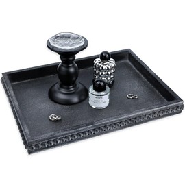 Lnofemin Rectangle Wood Serving Tray with Beads, Black Washed Wooden Decorative Tray for Entertaining, Decoration, and Gifting