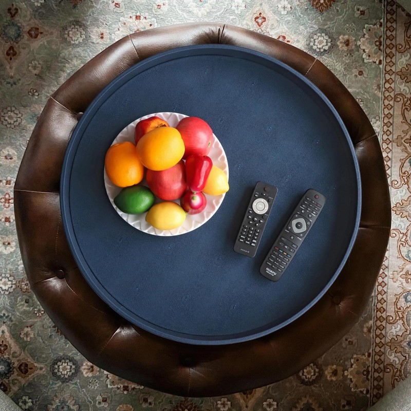 HofferRuffer Large Round Serving Tray 24'', Elegant Faux Leather Circle